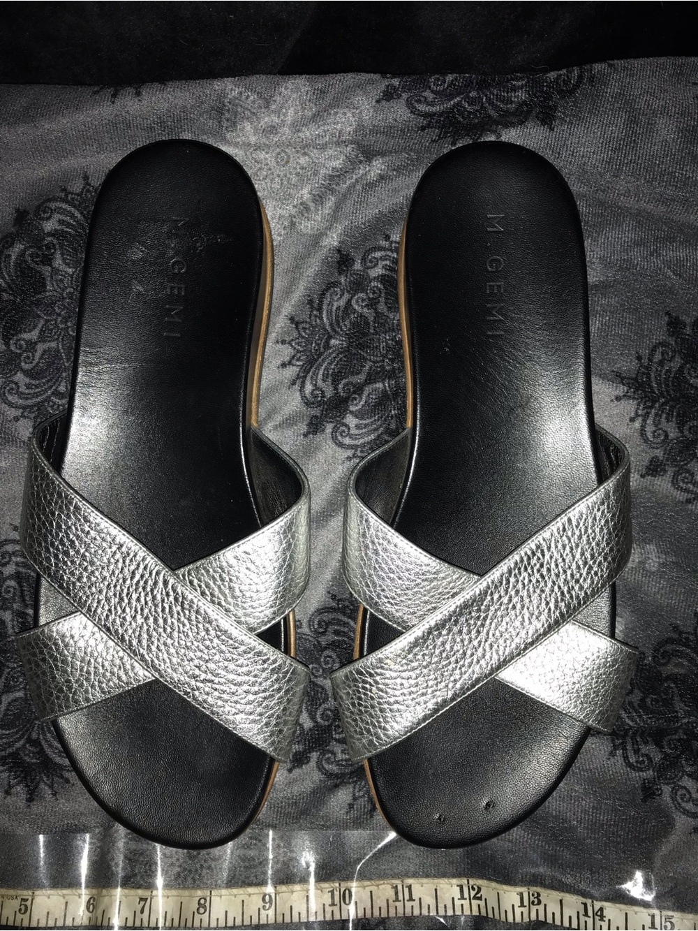 M. Gemi Metallic Silver Crisscross Slide Sandals